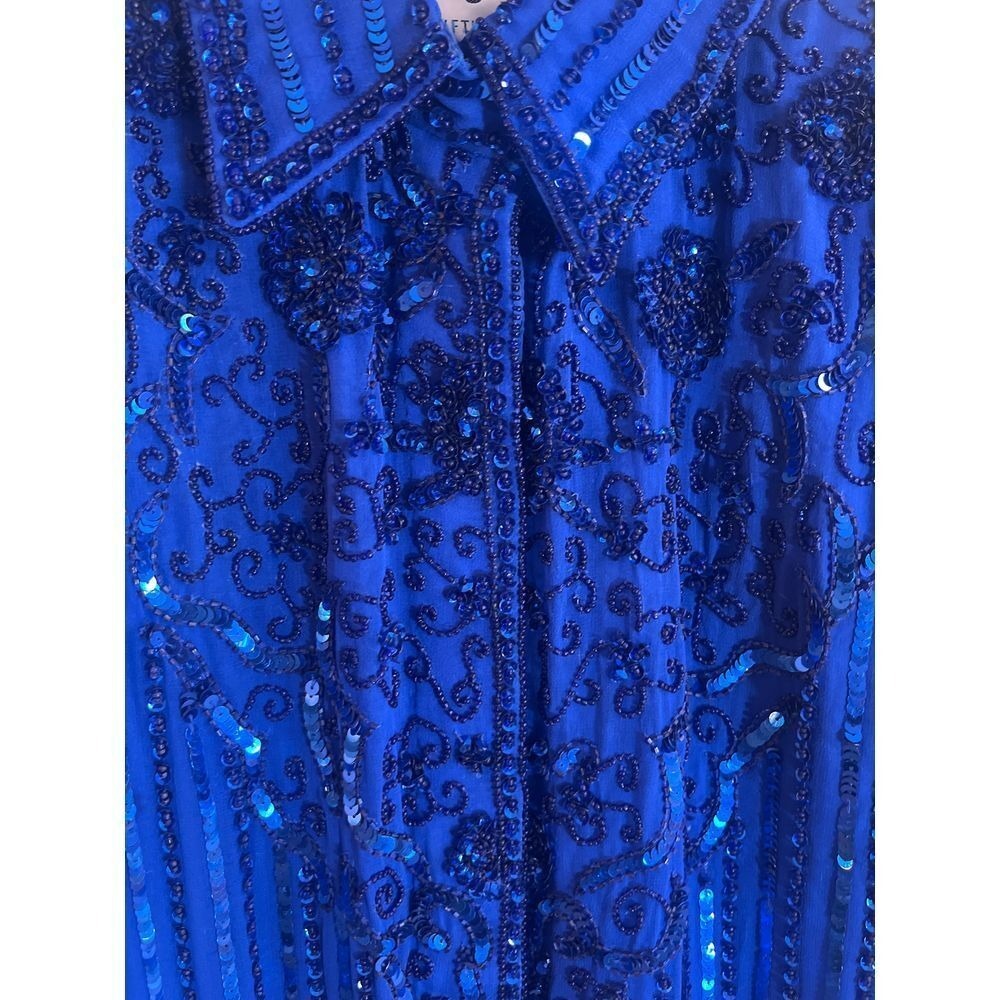 Saks Fifth Avenue Stenay Blue Sequin Beaded Long Sleeve Silk Blouse Medium NWT - Picture 3 of 9